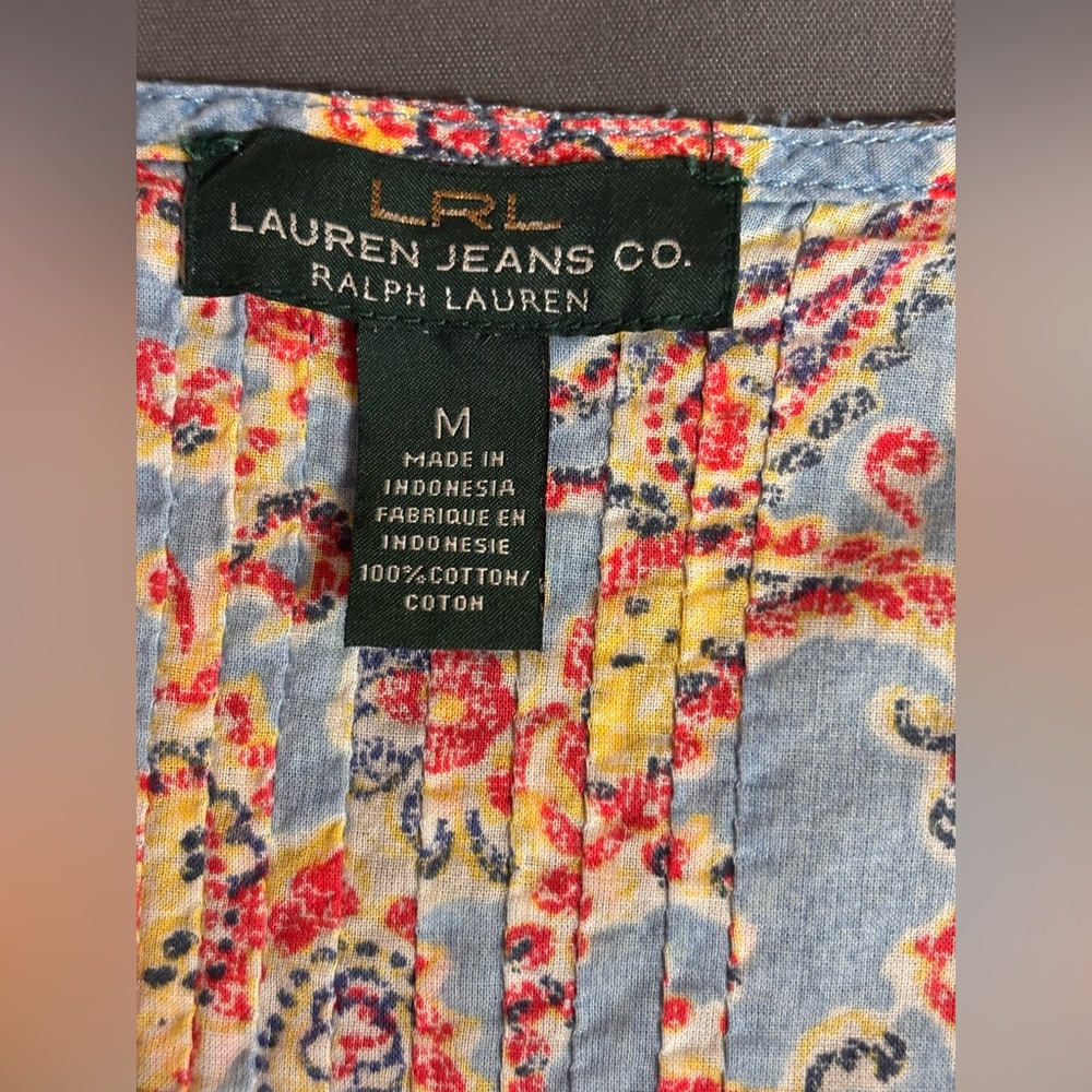 Lauren Ralph Blue Orange Paisley Print 3/4 sleeve Cotton Blouse Medium